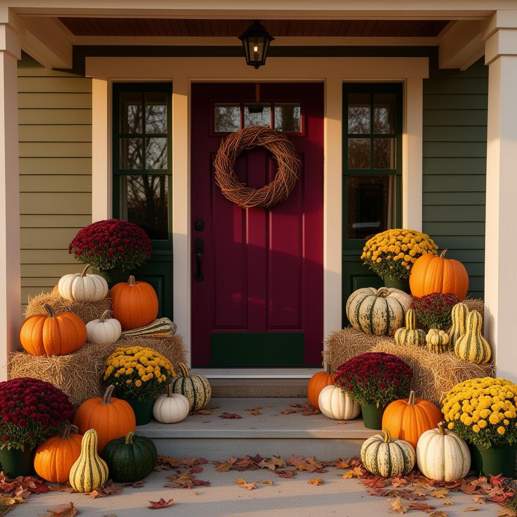Designed fall porch by The Porch Project Temecula — pumpkins, mums, gourds, and wreath